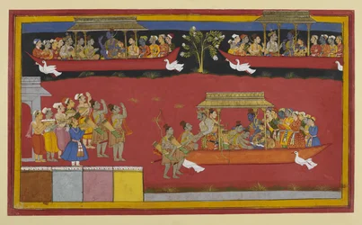 Bharata ja Śatrughna tervehtivät Rāmaa ja Sītāa, kun Puṣpaka lähtee.