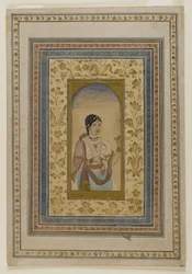 Kurtisaani ikkunassa, 1700-luku (wc-, kulta- ja tussivärejä paperille).
