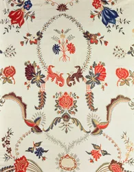 Yksityiskohta kirjailtua kangasta, valmistettu Euroopan markkinoille, n. 1725-50 (silkki lasitetulla puuvillalla)