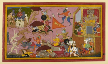 Hanumān murskaa Dhūmrākṣan; demonit ilmoittavat tappiosta Rāvaṇalle.