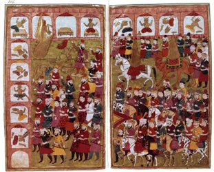 Profeetta Muhammedin tulo Kaabaan Mekassa vuonna 630, kuvitus "Hamla-i-Haydarista", kirjoittanut Mirza Muhammad Rafi" Bazil, 1808