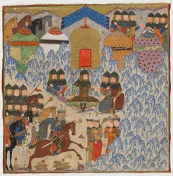 Folio Shahnamasta (Kuninkaiden kirja), kirjoittanut Firdawsi (k. 1020); Rustam Encamped, mahdollisesti Intia, n. 1425-1450 (läpinäkymätön akvarelli ja kulta paperilla)