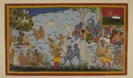 Hanumān ja Vibhīṣaṇa tuovat haavoittuneen Lakṣmaṇan Rāman luo, joka parantaa hänet.