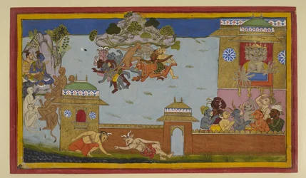 Hanumān torjuu demonit; Rāma ja Rāvaṇa katsovat.