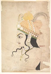 Krishnan pää: piirros Raslilan seinämaalausta varten, noin 1800 (tussi ja akvarelli paperille).