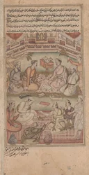 Hindu- ja muslimitutkijat kääntävät Mahabharatan sanskritista persiaksi, kuva Razmnamasta, 1598-1599 (wc, muste ja kulta paperilla)