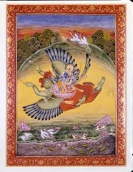 Hindulaisuus: kuvaus Garuda-linnusta kantamassa Vishnua (tai Vishnua), suurta hindulaista jumaluutta, ja tämän vaimoa Lakshmia