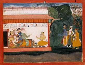 Bhagvata Puranan kuvitus, jossa Balarama ottaa Akruraa kädestä nuoremman veljensä Krishnan kanssa, noin 1700