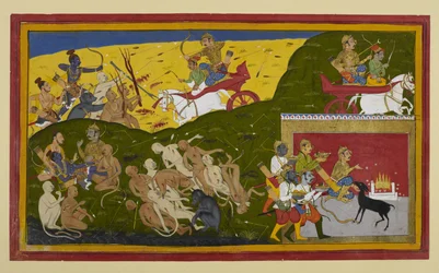 Indrajit taistelee, kun Rāma suree Sītān kuolemaa Lakṣmaṇan ja Vibhīṣaṇan lohduttamana.