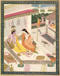 Krishna ja Radha sängyllä Mogul-palatsissa Punjabissa, noin 1860