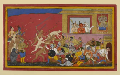 Kumbha ja Nikumbha taistelevat apinoita vastaan; demonit raportoivat Rāvaṇalle.