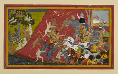 Lakṣmaṇa, Hanumān ja Vibhīṣaṇa hyökkäävät Indrajitin kimppuun; uutinen saavuttaa Rāman.