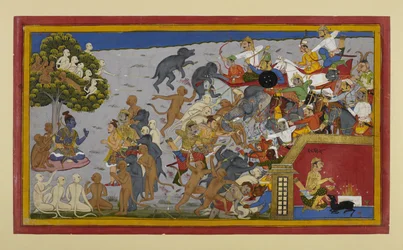 Lakṣmaṇa johtaa Rāman armeijaa Indrajitin uhrauksia vastaan Nikumbhilāssa.