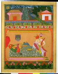 Lovers at Daybreak, esimerkki musiikillisesta tilasta Raga Vibhasa, Northern Deccan tai Southern Rajasthan, n. 1675 (guassi hopealla ja kullalla paperilla)