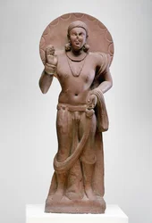 Maitreya, tuleva Buddha, Ramnagar-kulttuuri, Ahichatrasta, Uttar Pradeshista, 200 jKr (punainen hiekkakivi)