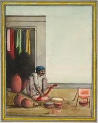 Mies värjäämässä kangasta, 1830-luvun alku (tussi ja väri paperille).