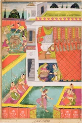 Pienoismaalaus, jossa juhlitaan lapsen syntymää, mahdollisesti Aurangabad, Deccan (läpinäkymättömät mineraalivärit kiillotuspaperilla)