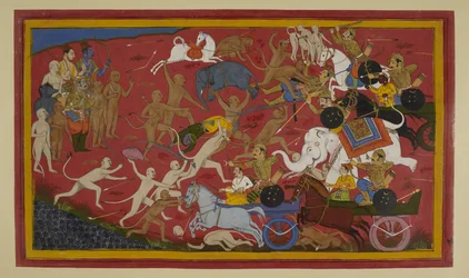 Apinat taistelevat Rāvaṇan sukua vastaan; Aṅgada tappaa Narāntakan.