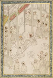 Mughal-keisari Akbar piti oikeutta viimeisen sairautensa aikana, 1700-luvun puoliväli (albuminlehti; pigmentti kullalla kiillotetulla paperilla)