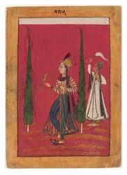 Mughal Princess in a Garden, n. 1700 (läpinäkymätön wc, kultaa ja hopeaa paperilla)