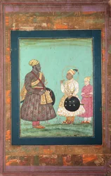 Murtaza Nizam Shah mustan visiirin, mahdollisesti Malik Ambarin, ja nuoremman miehen kanssa, noin 1680