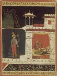 Paradhina Nayika, Puhakaran Rasavalista, kirjoitettu kääntöpuolelle Devanagari, Malwa, Rajput School