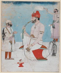 Muotokuva Raja Sansar Chand of Kangrasta, n. 1800-1010 (läpinäkymätön wc ja kultaa paperilla)