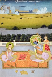 Ruhtinaspari leikkimässä luonnoksia, Rajasthan School, n. 1750
