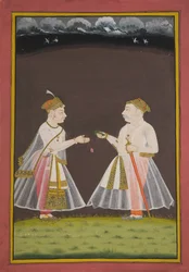 Luultavasti muotokuva Rana Raj Singhistä Udaipurista (1661-81), joka tarjoaa pannun aatelismiehelle, 1820