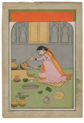 Radha keittiössä, n. 1810 (peittäviä pigmenttejä ja kultaa, wasli).