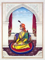 Rajah Chattar Singh, kirjasta The Kingdom of the Punjab, its Rulers and Chiefs, osa I, 27 akvarellitutkimuksen osio tuntemattomalta intialaiselta taiteilijalta, n. 1840 (wc paperilla)