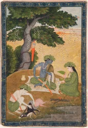 Rama, Sitan ja Lakshmanan kanssa metsässä, Ramayanasta, n. 1790 (läpinäkymätön wc ja kultaa paperilla)