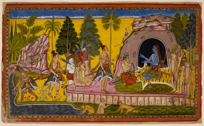 Rāma kruunaa Vibhīṣaṇan Laṅkān kuninkaaksi ja valmistautuu pyytämään Meren apua luodakseen polun Laṅkāhin. 1653 (pienoiskuva)