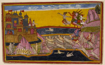 Rāma rakentaa apina-insinööri Nalan avulla sillan meren yli Laṅkaan, jotta apinat ja demonit voivat ylittää sen, noin 1653 (pienoiskuva).