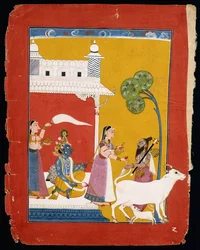 Rukmini tarjoaa vettä viisaalle Naradalle puolisonsa Krishnan istuessa talossaan, n. 1725-1730