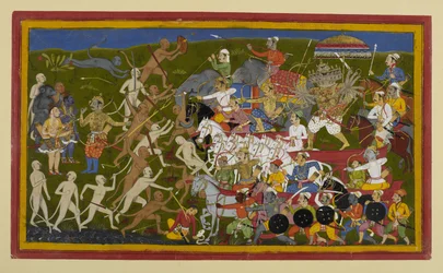 Rāvaṇa etenee apinoita vastaan, Rāma ja Lakṣmaṇa odottavat reservissä.