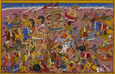 Rāvaṇa taistelee Yamaa vastaan, mutta Brahmā puuttuu asiaan suojellakseen häntä.