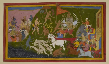 Rāvaṇa haavoittaa apinoita; Hanumān ja Lakṣmaṇa hyökkäävät ja haastavat hänet.