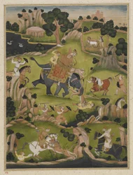 Shah Jahan metsästys, irrotettu albumifolio, n. 1900