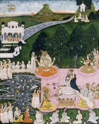 Shiva istuu tiikerin iholla, pitää Deviä käärittynä viitaan, n. 1760