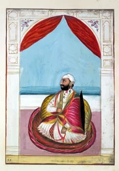 Sirdar Chet Singh, kirjasta The Kingdom of the Punjab, its Rulers and Chiefs, osa II, 30 akvarellitutkimuksen osio tunnistamattomalta intialaiselta taiteilijalta, n. 1840 (wc paperilla)