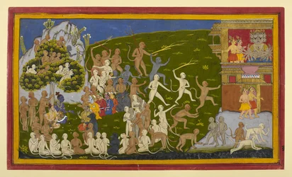 Vakoojat Śuka ja Sāraṇa vangitaan, raportoivat Rāvaṇalle; apinat ahdistelevat Laṅkāa.