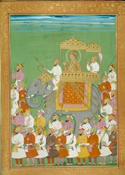 Sulttaani Akbar ratsastaa norsun selässä Shah Alemin hovissa. Miniatyyri venetsialaisen tutkimusmatkailijan Niccolo Manuccin (1638 - 1717) matkatarinasta. Intia