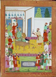 Sulttaani Iskander Shah Alemin hovissa. Miniatyyri venetsialaisen tutkimusmatkailijan Niccolo Manuccin (1638 - 1717) matkatarinasta. Intia
