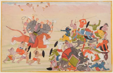 Devi voittaa Mahishasuran, folion hajallaan Devi Mahatmya -sarjasta, n. 1770-80 (wc paperilla)