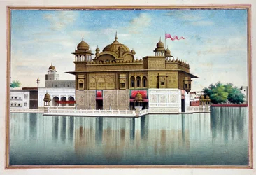 Kultainen temppeli Amritsarissa, teoksesta The Kingdom of the Punjab, sen hallitsijat ja päälliköt, osa I, 27 akvarellitutkimuksen osio tunnistamattomalta intialaiselta taiteilijalta, n. 1840 (wc paperilla)