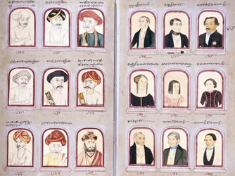 Kaksi lehteä alkuperäisten ja eurooppalaisten muotokuvien albumista, n. 1830-1850