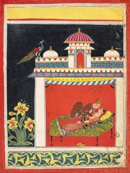 Kaksi rakastajaa paviljongissa, "Amarushatakasta" (Sata Amarun runoa) tai tunnistamattomasta eroottisesta sarjasta, n. 1680 (läpinäkymätön akvarelli ja kulta paperilla)