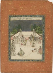 Kaksi naista istuvat terassilla palvelijoiden ja muusikoiden ympäröimänä, n. 1650 (läpinäkymätön wc ja kultaa paperilla)