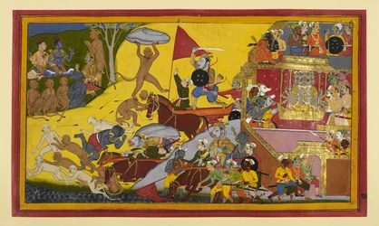 Aṅgada tappaa Vajradaṃṣṭran enteiden keskellä; Rāman puoli iloitsee.